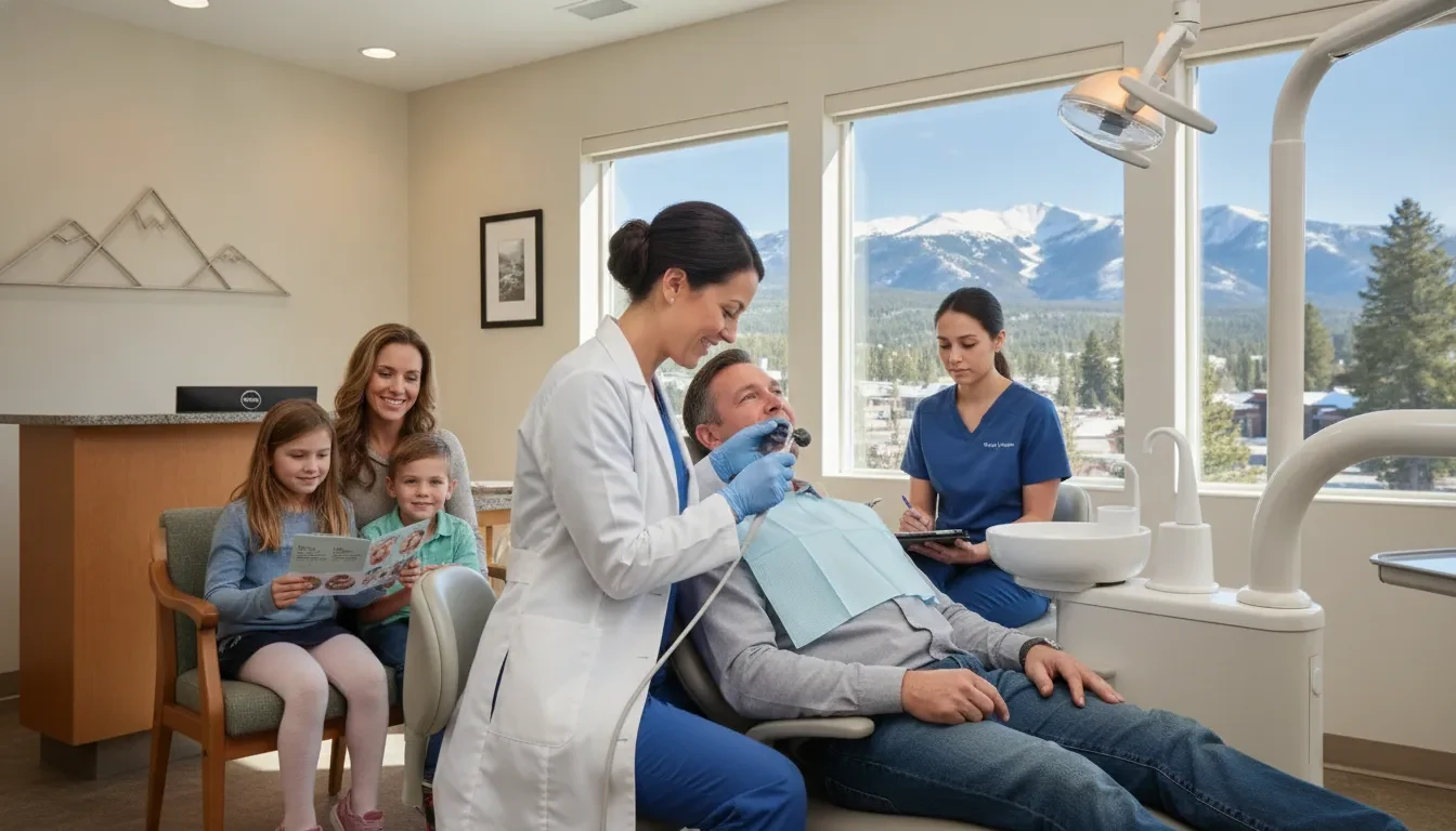 A dentist examines a patient in a dental chair while an assistant takes notes and a family waits nearby.