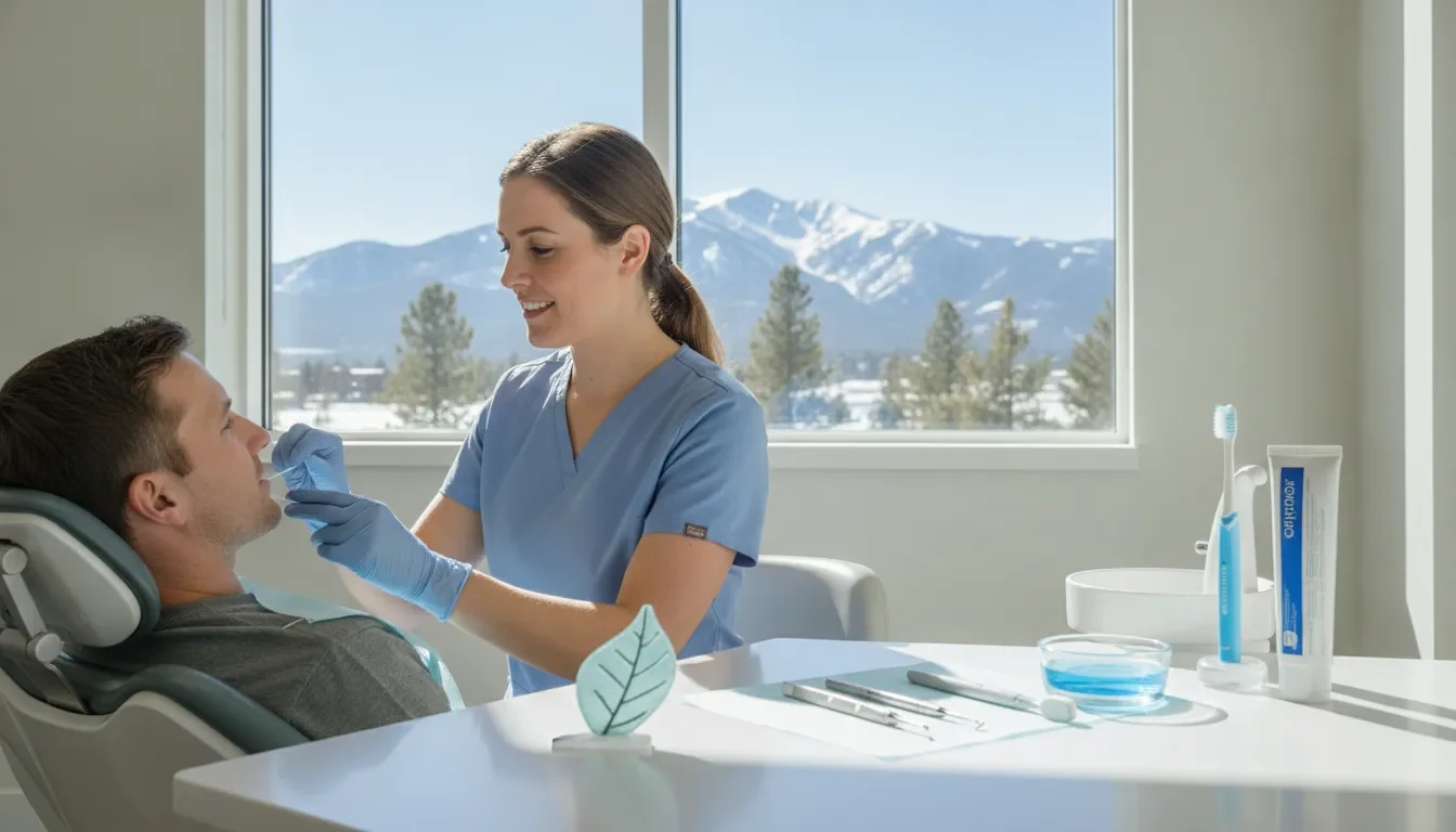 A dental professional examines a patient's mouth in a dental clinic overlooking snowy mountains.