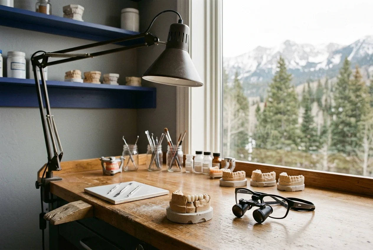 Dental lab workstation with dental models, tools, and loupes by a window overlooking snowy mountains.