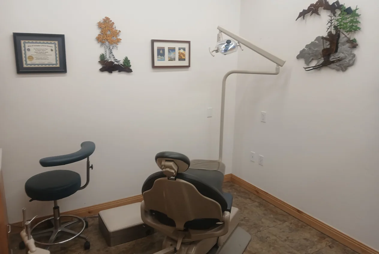 A bright treatment room with a dental chair, a framed certificate and metal mountain and aspen wall art.